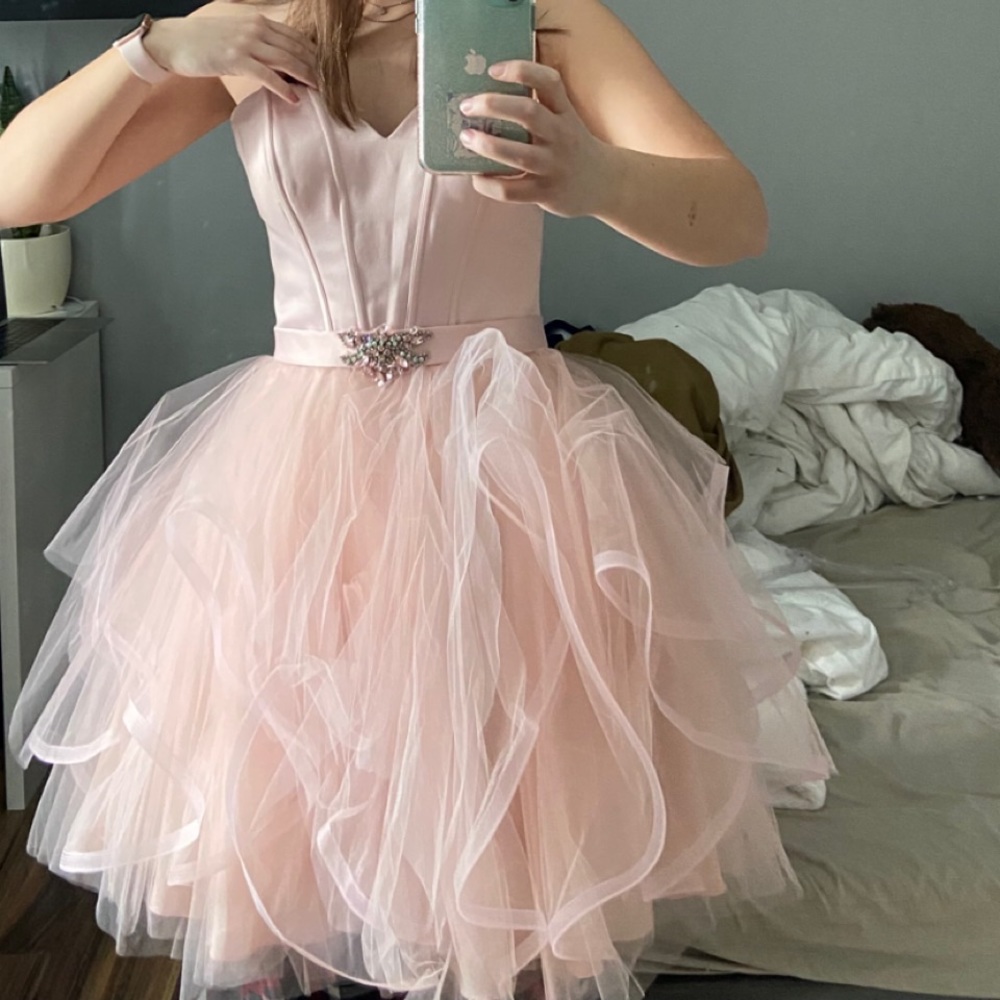 coral coloured graduation dress